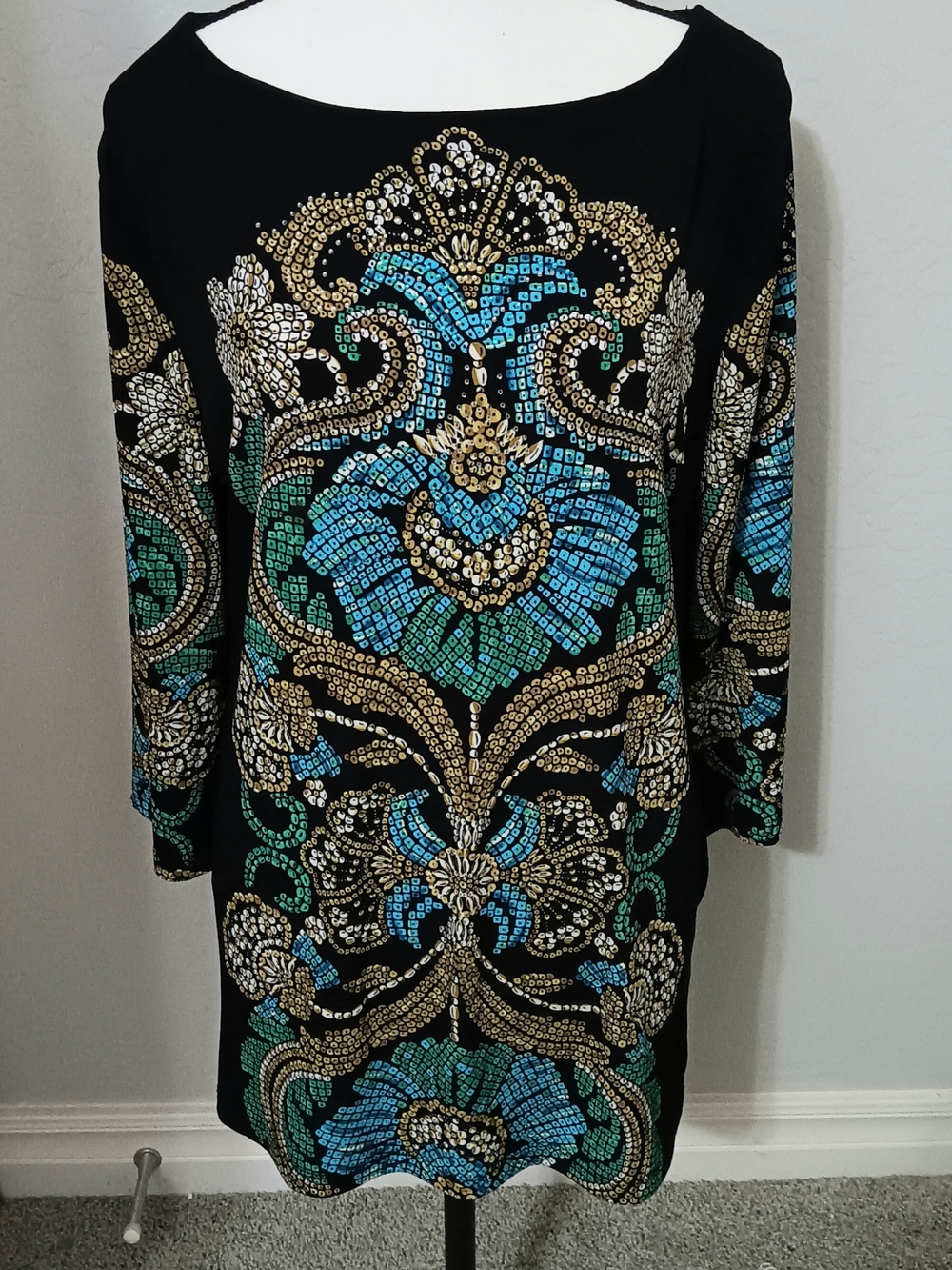 JM Collection Black Embellished Floral Blouse with Blue & Gold Accents
